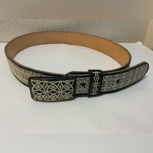 Men's Belt Charro Western Embroidered black white  2" Wide - Picture 1 of 3